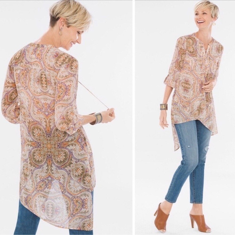Chico’s Mirrored Beauty Lace-Up Top Tunic Paisley asymmetrical 3/4 sleeves M/1